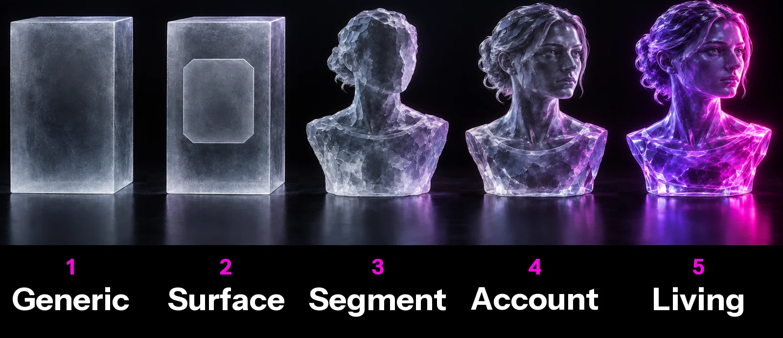 The Content Personalization Spectrum in five levels. 1 Generic: one version for everyone. 2 Surface: a name, logo, or industry label swapped in. 3 Segment: rewritten for one industry, role, or market. 4 Account: shaped by one account’s priorities and evidence. 5 Living: assembled the moment someone asks, person or agent.