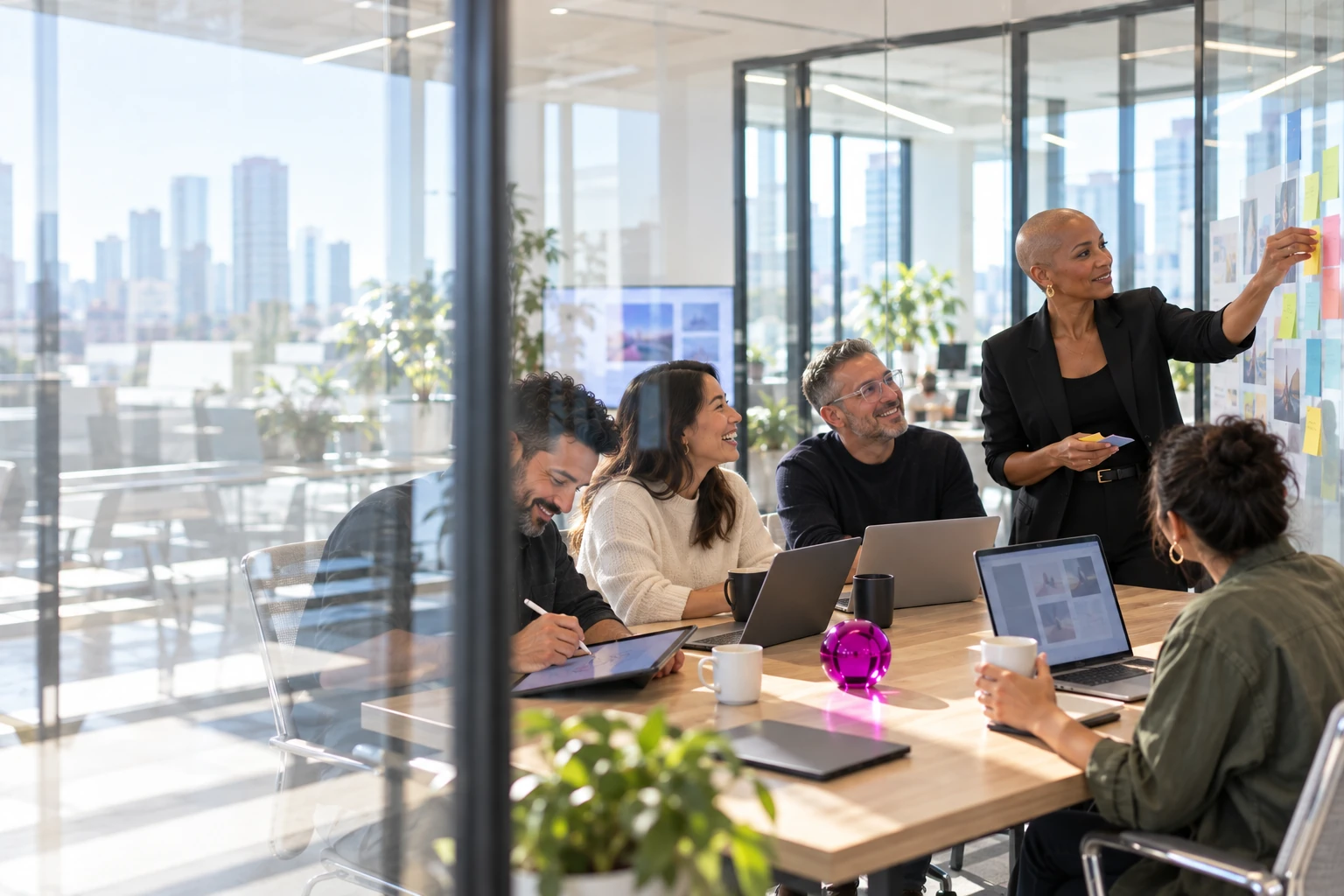 A marketing team reviews competitor research around a table